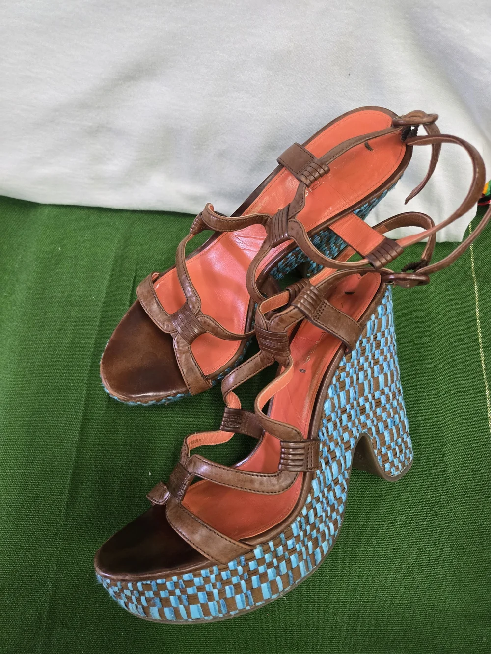 Via Spiga Brown Leather Strappy Platforms with Turquoise Woven Heel